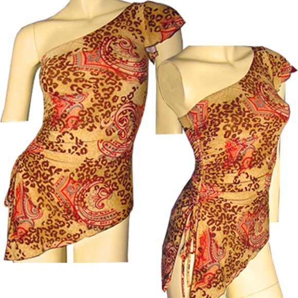New Y2K One Shoulder Top Bodycon Made USA Leopard Animal Print Brown Resort Wear - Picture 1 of 5
